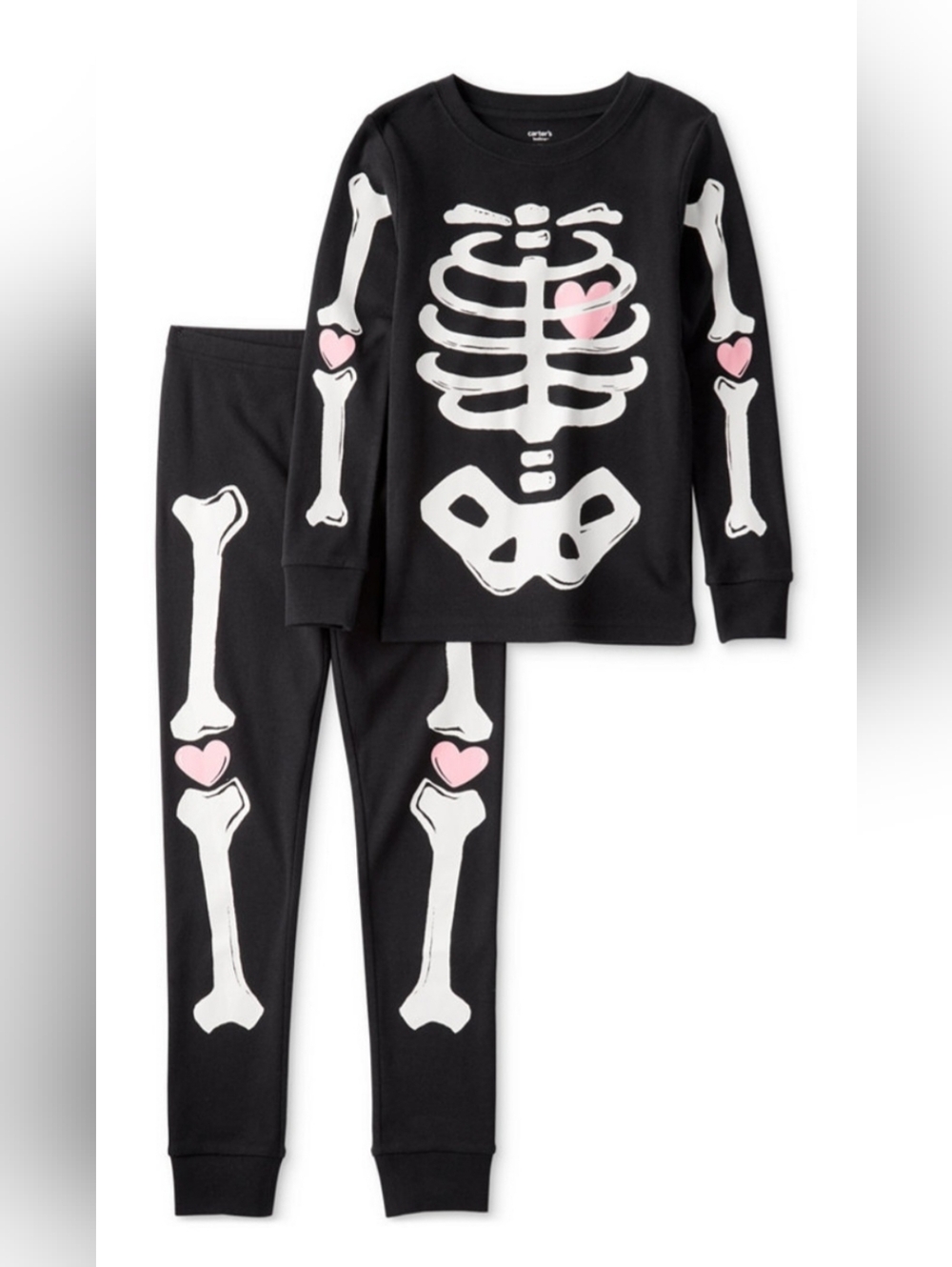 Carter's Black Skeleton Pajama Set with Pink Heart Accents Kids 14 Nwt
